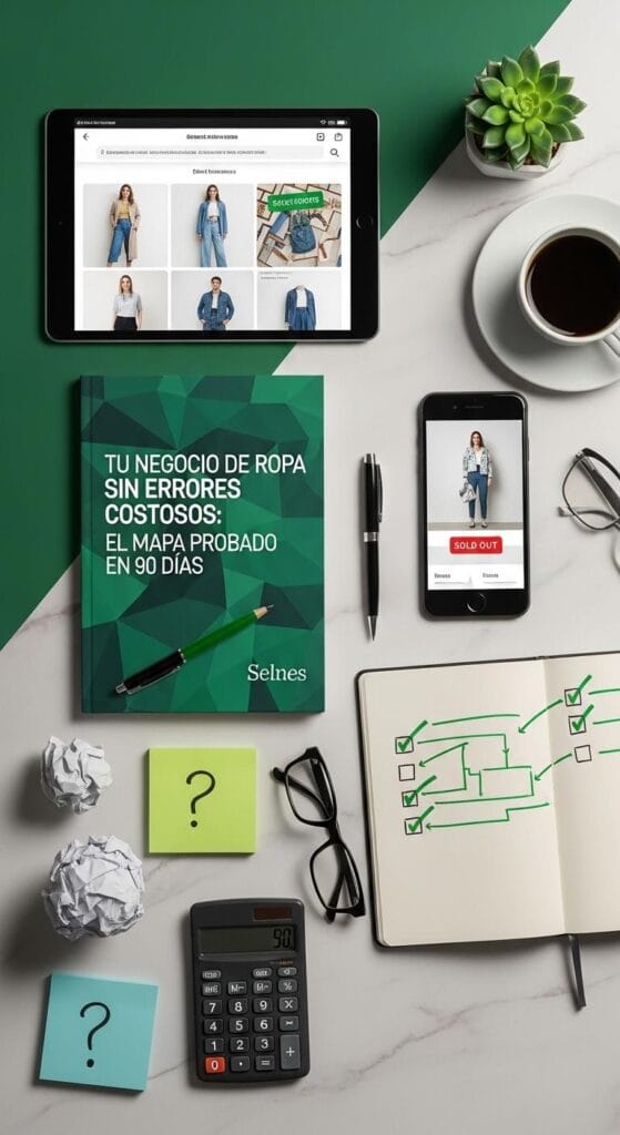 Guía completa para primer negocio de ropa que elimina miedos y errores comunes, presentada en flatlay aspiracional con herramientas de emprendimiento, notebook, dispositivos móviles y ambiente de trabajo inspirador"