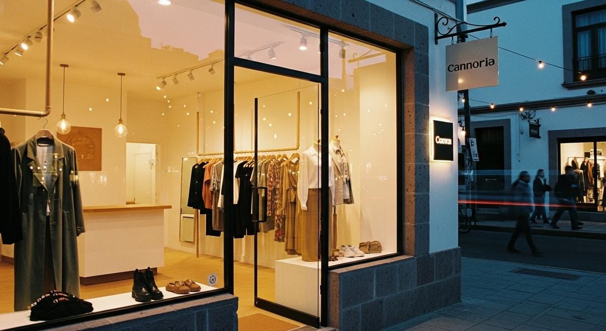 Fachada de boutique de ropa pequeña al atardecer, con iluminación cálida interior visible a través de ventanas grandes. Interior muestra paredes blancas, racks de madera con ropa, maniquíes y mostrador moderno. Calle comercial con peatones difuminados y luces ambientales. Escena aspiracional pero realista de tienda física.
