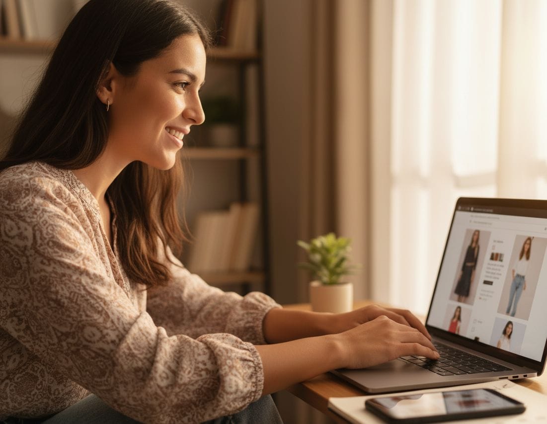 Emprendedora sonriendo con satisfacción al ver su primera tienda online configurada en su laptop, con una lista de tareas completadas a su lado, mostrando la simplicidad de configuración en Tiendanube.