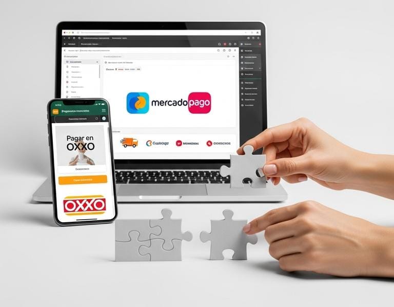 Laptop mostrando dashboard con logos de pasarelas de pago mexicanas integradas, junto a smartphone con opción de pago en OXXO y piezas de rompecabezas encajando, simbolizando la integración nativa y sin fricción de Tiendanube con métodos mexicanos.