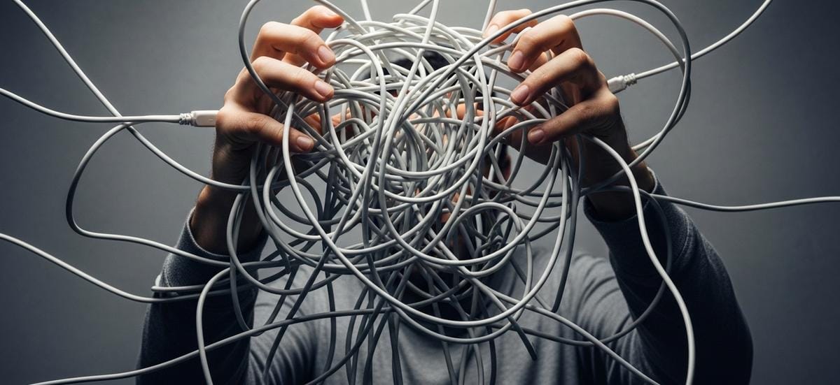 Manos tratando de desenredar una maraña compleja de cables blancos, simbolizando cómo el exceso de información puede crear más confusión en lugar de claridad.