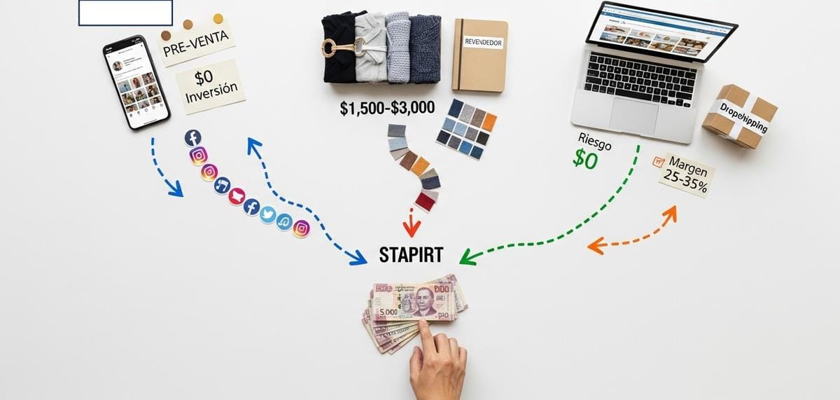 Vista aérea de tres caminos estratégicos partiendo de billetes de $5,000 pesos. Camino izquierdo lleva a smartphone con redes sociales y preventa. Camino centro muestra ropa física y concepto de revendedor. Camino derecho tiene laptop con dropshipping y etiquetas de riesgo cero. Representación visual de tres modelos de negocio accesibles.