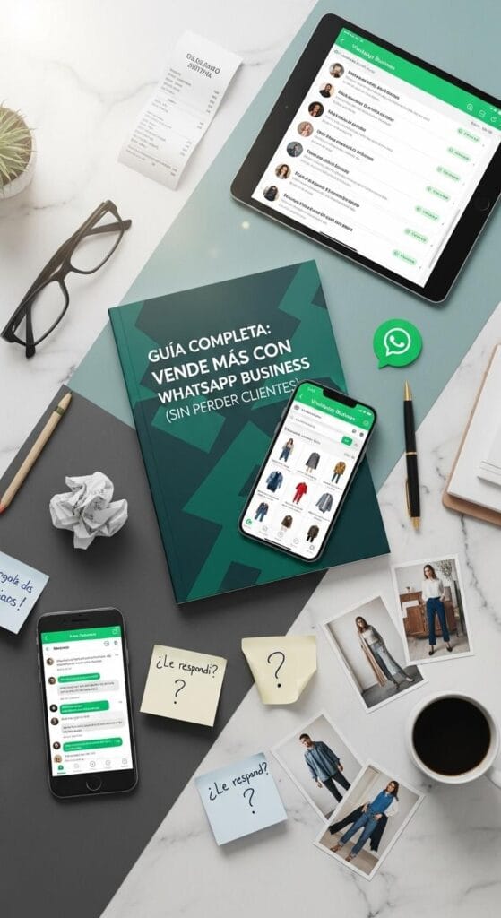 Composición flatlay profesional mostrando la transformación de un negocio de ropa con WhatsApp Business: en la esquina inferior izquierda, un teléfono con mensajes caóticos y notas desorganizadas representa el problema; en el centro, una guía de negocio en color verde esmeralda junto a un smartphone mostrando la interfaz organizada de WhatsApp Business con catálogo de ropa y etiquetas de clientes; en la esquina superior derecha, elementos de éxito incluyendo tablet con conversaciones de ventas confirmadas, notebook con checklist completado y café humeante, todo sobre superficie de madera clara con iluminación profesional que guía la mirada de izquierda a derecha representando el camino del caos a las ventas organizadas.